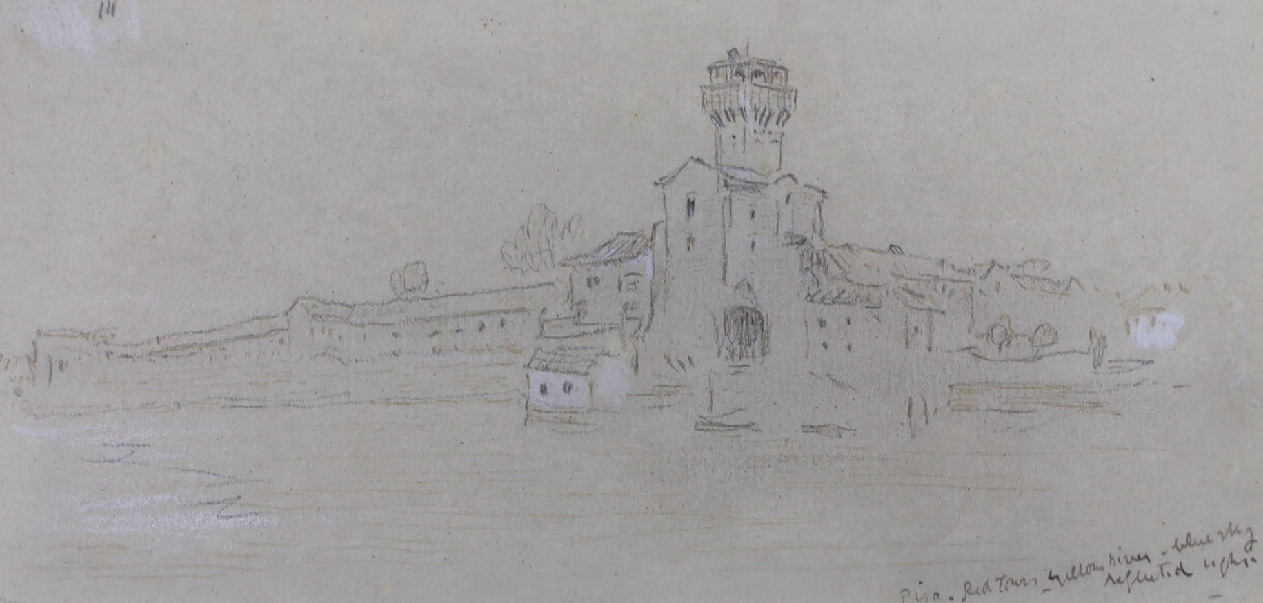 Albert Goodwin RWS (1845–1932), A page removed from a sketch book inscribed ‘Pisa, Red Tower, Yellow River – Blue Sky – Reflected Light, c.1872, gallery label verso, 7 x 15cm